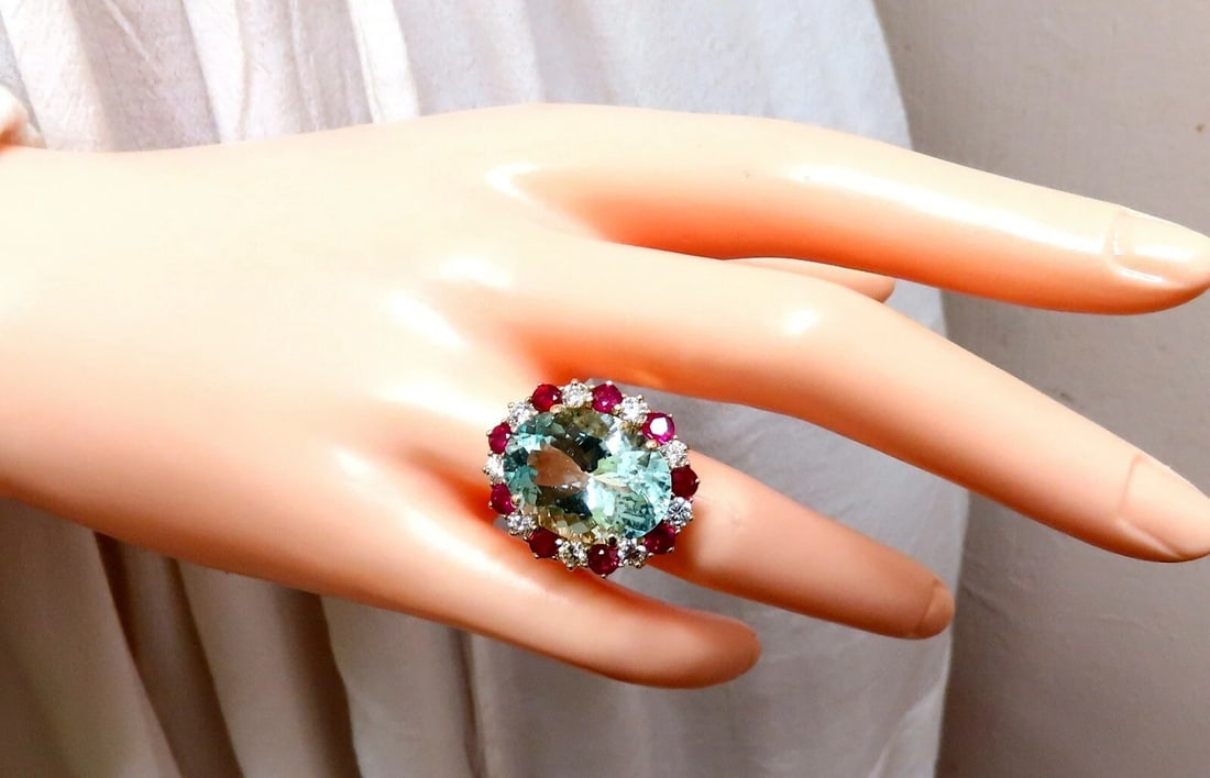 15.34ct Natural Aquamarine Ruby Diamonds Patriot Cluster Cocktail Ring 14 Karat - 8