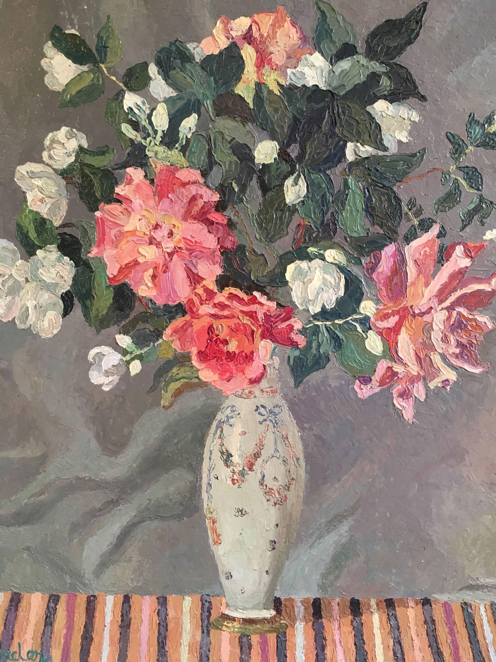 Fleurs' French Bouquet, Impressionist Oil Painting, Signed Mid-20th Century - 6