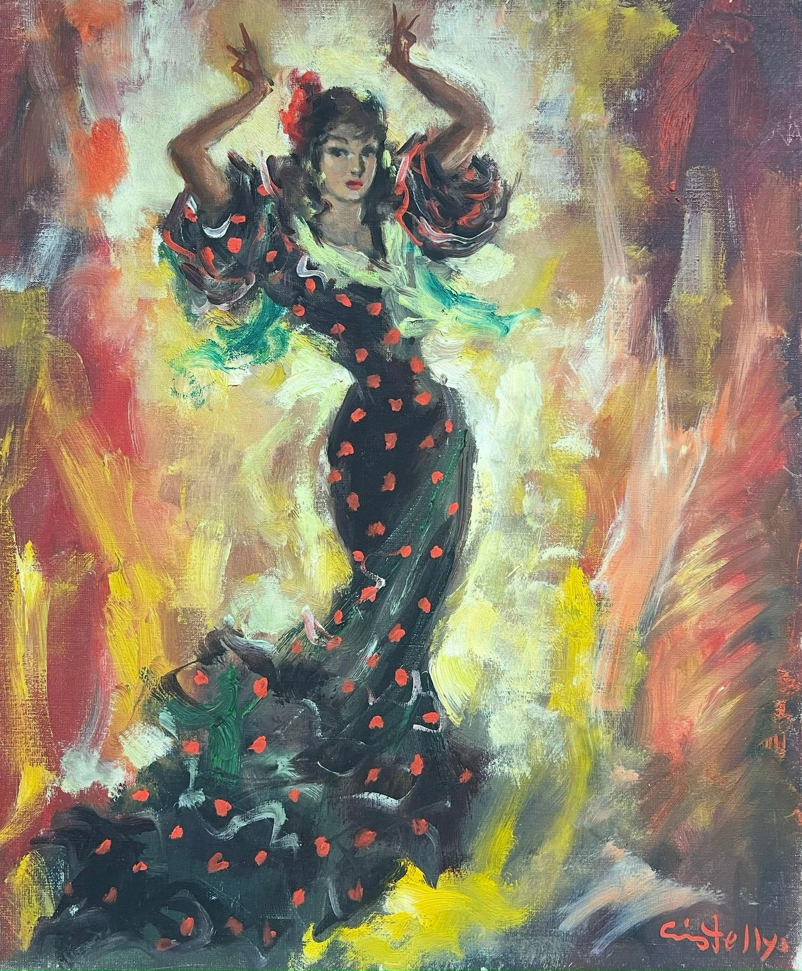 ‘Rita’ Spanish Flamenco Dancer in Fiery Motion Vibrant Signed Oil Painting C.1960's: Title: "‘Rita’ Spanish Flamenco Dancer in Fiery Motion Vibrant Signed Oil Painting C.1960's" Description: ‘Rita’ Spanish Flamenco Dancer By Spanish artist, signed, Mid 20th