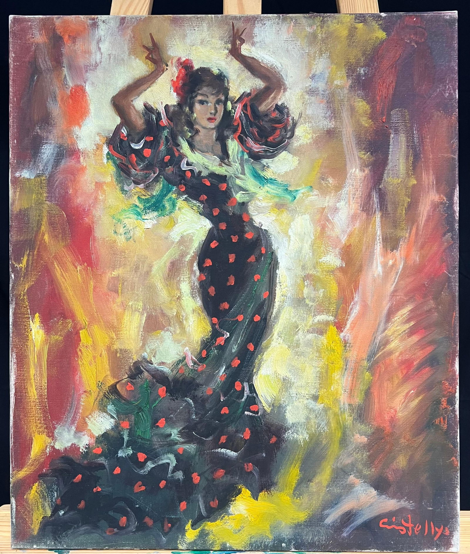‘Rita’ Spanish Flamenco Dancer in Fiery Motion Vibrant Signed Oil Painting C.1960's - 4