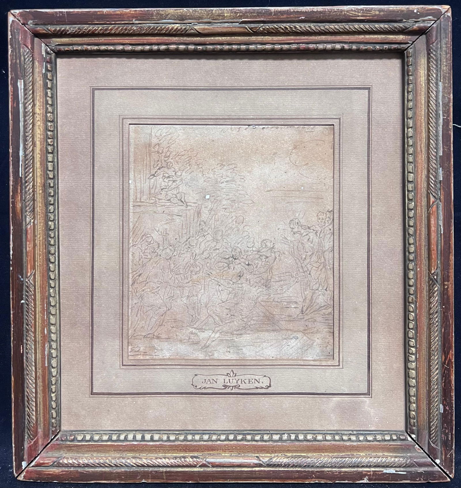 17th Century Dutch Old Master Ink Drawing Christ on the Cross Many Figures 1674 1674 - 8