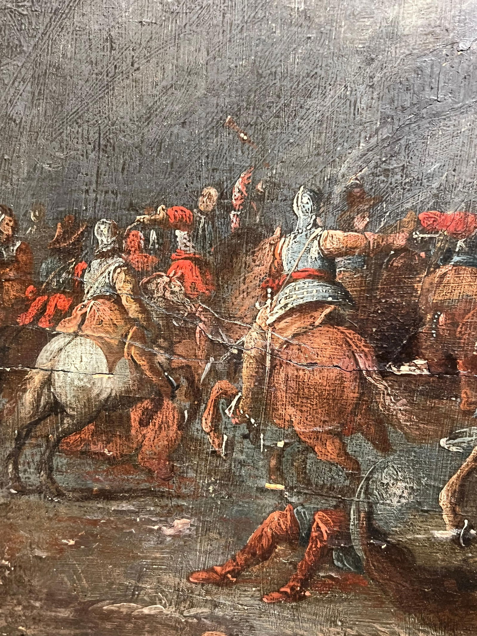 17th Century Flemish Old Master Oil on Panel Cavalry Skirmish Soldiers & Horses 1650 - 10