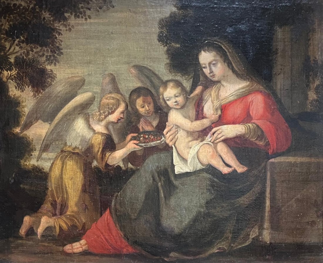 17th Century Painting Baroque Madonna & Child Attendant Angels Offering Gifts 17th Century - 7