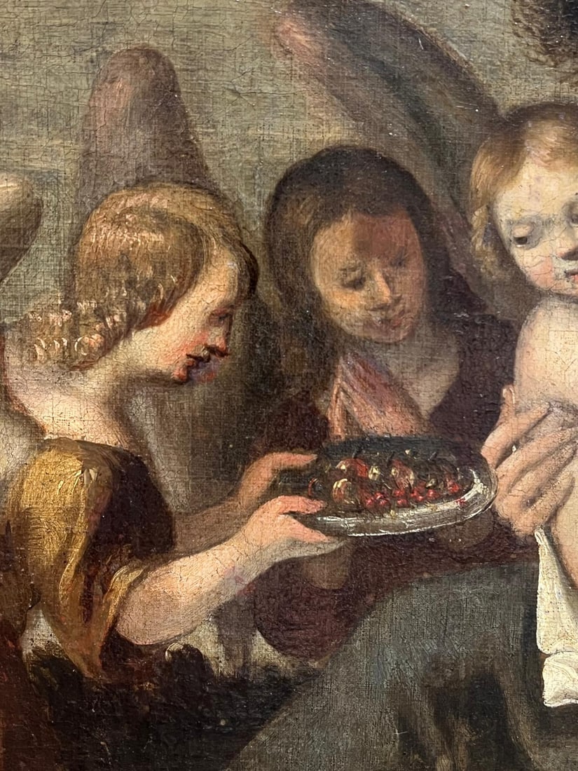 17th Century Painting Baroque Madonna & Child Attendant Angels Offering Gifts 17th Century - 8