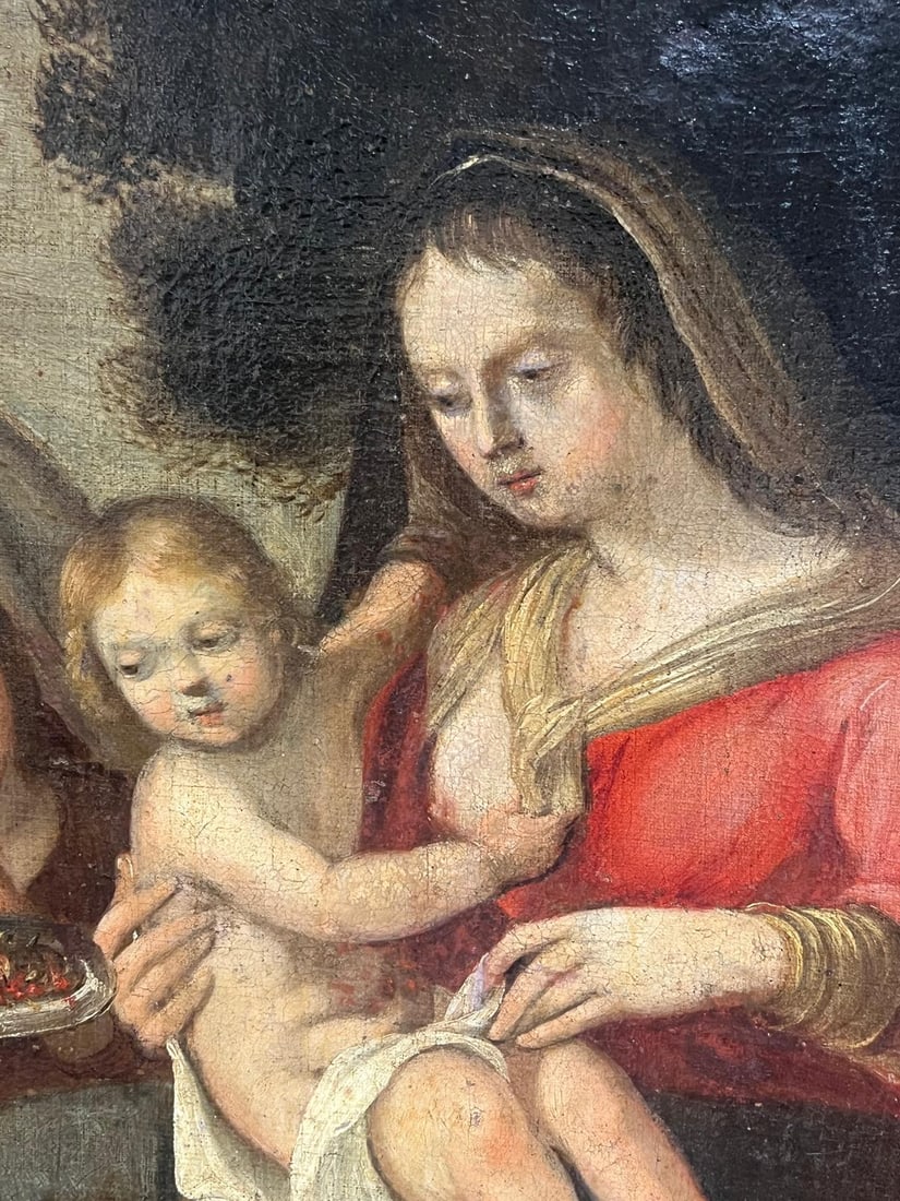 17th Century Painting Baroque Madonna & Child Attendant Angels Offering Gifts 17th Century - 11
