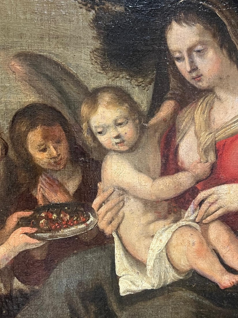 17th Century Painting Baroque Madonna & Child Attendant Angels Offering Gifts 17th Century - 15
