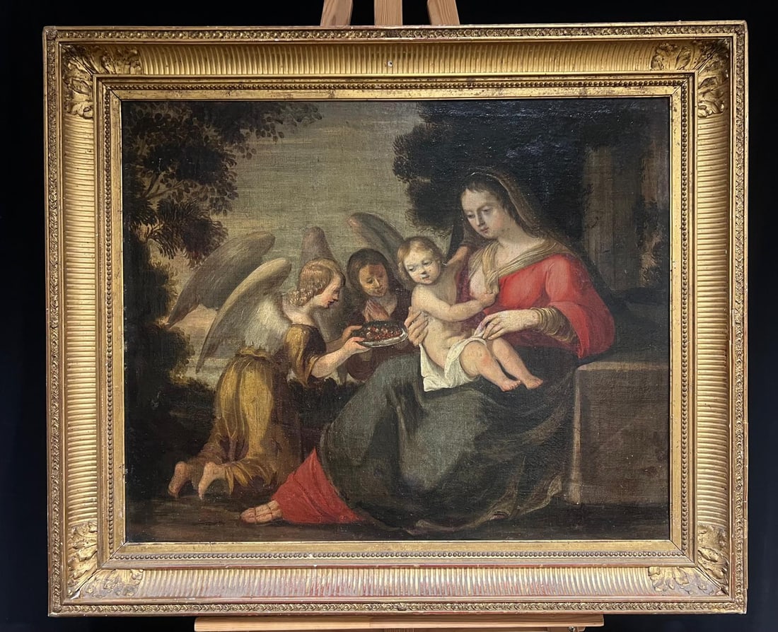 17th Century Painting Baroque Madonna & Child Attendant Angels Offering Gifts 17th Century - 5