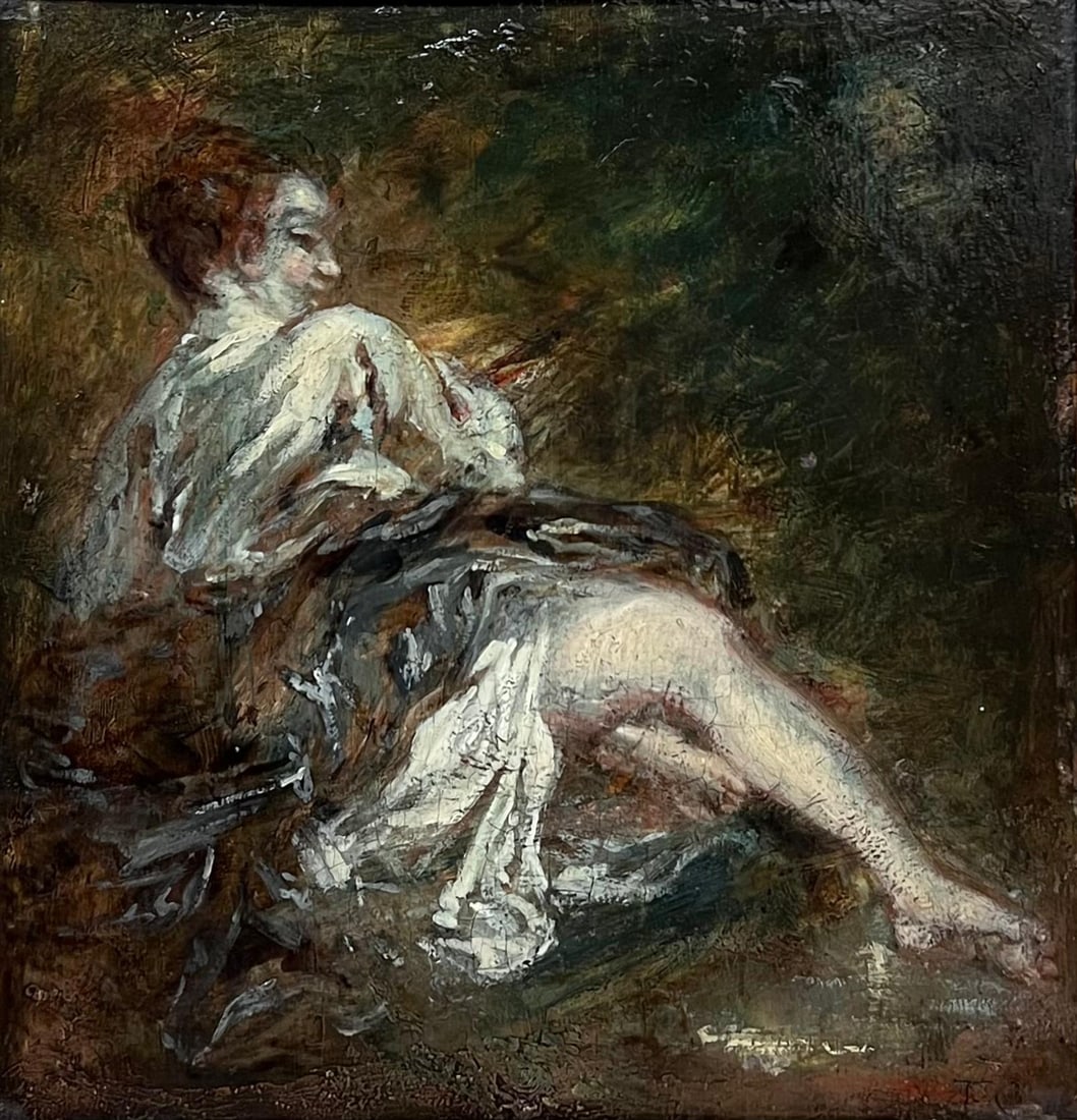 1800's French Rococo Oil Panel Painting Scantily Clad Woman in Wooded Landscape 1800's - 4