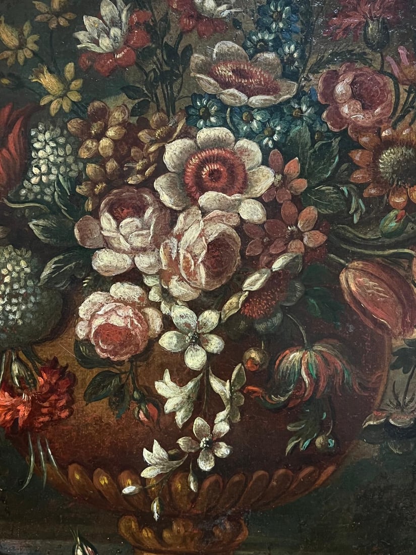18th-Century Baroque Oil Still Life Flowers Floral Arrangement in an Ornate Urn 18th Century - 7