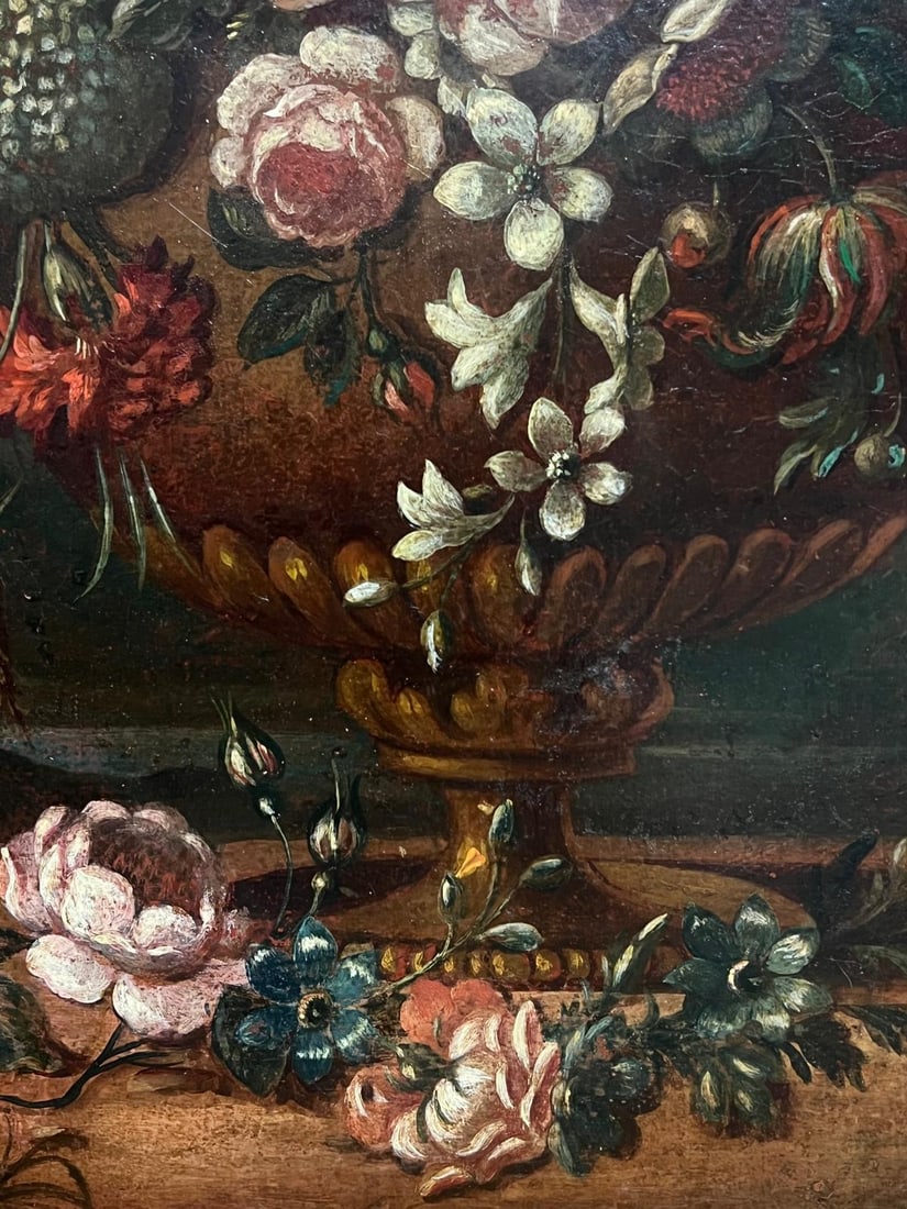 18th-Century Baroque Oil Still Life Flowers Floral Arrangement in an Ornate Urn 18th Century - 8