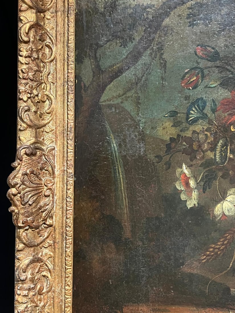 18th-Century Baroque Oil Still Life Flowers Floral Arrangement in an Ornate Urn 18th Century - 12