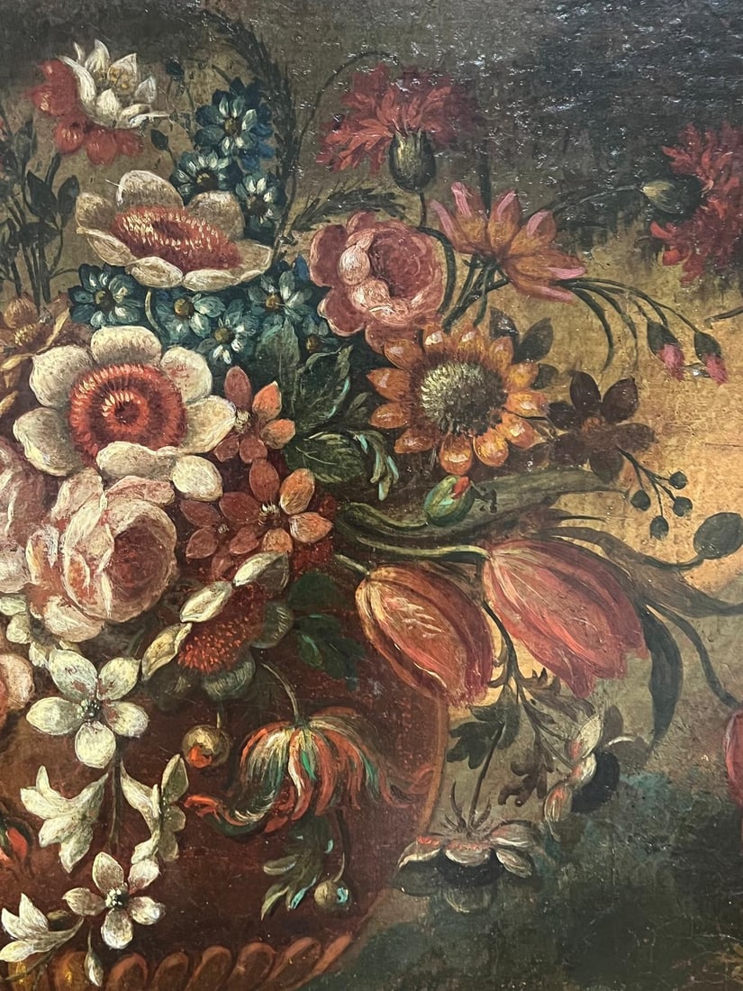 18th-Century Baroque Oil Still Life Flowers Floral Arrangement in an Ornate Urn 18th Century - 14