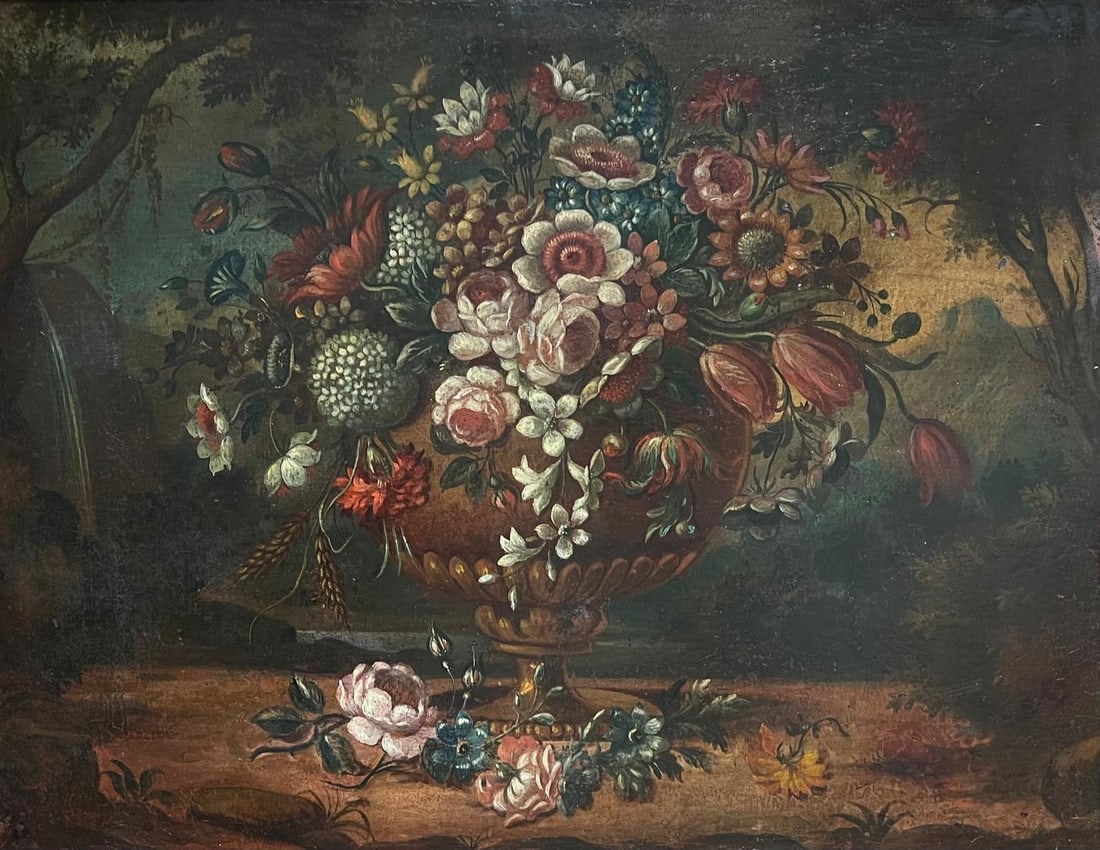 18th-Century Baroque Oil Still Life Flowers Floral Arrangement in an Ornate Urn 18th Century - 4