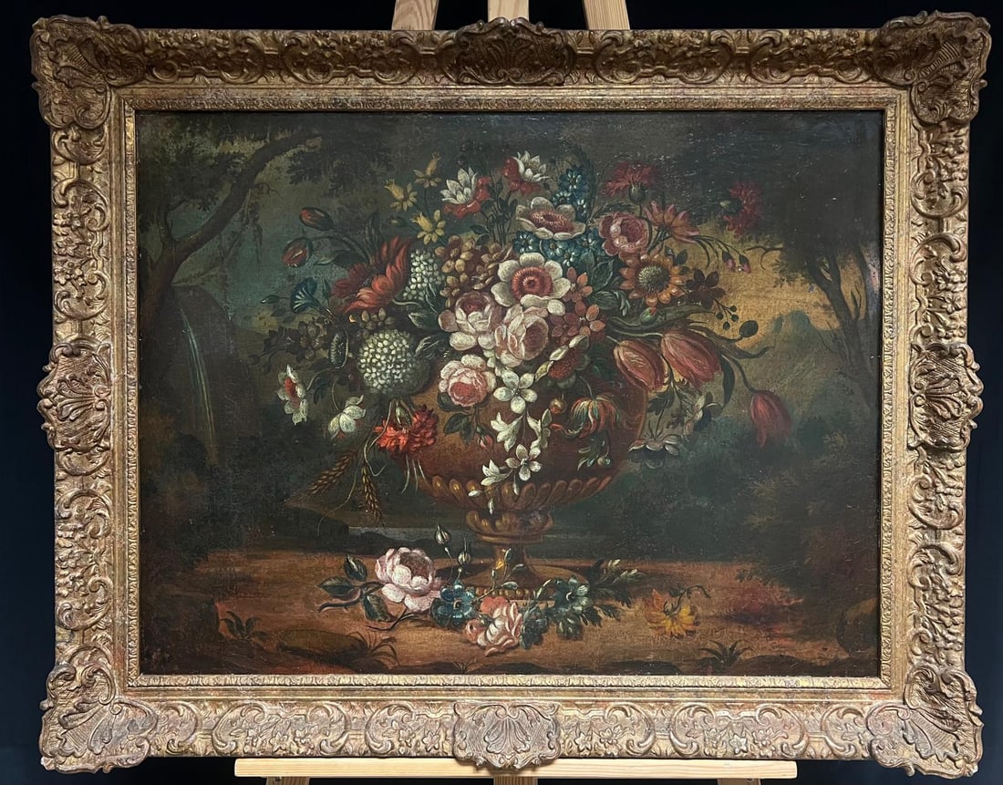 18th-Century Baroque Oil Still Life Flowers Floral Arrangement in an Ornate Urn 18th Century - 5