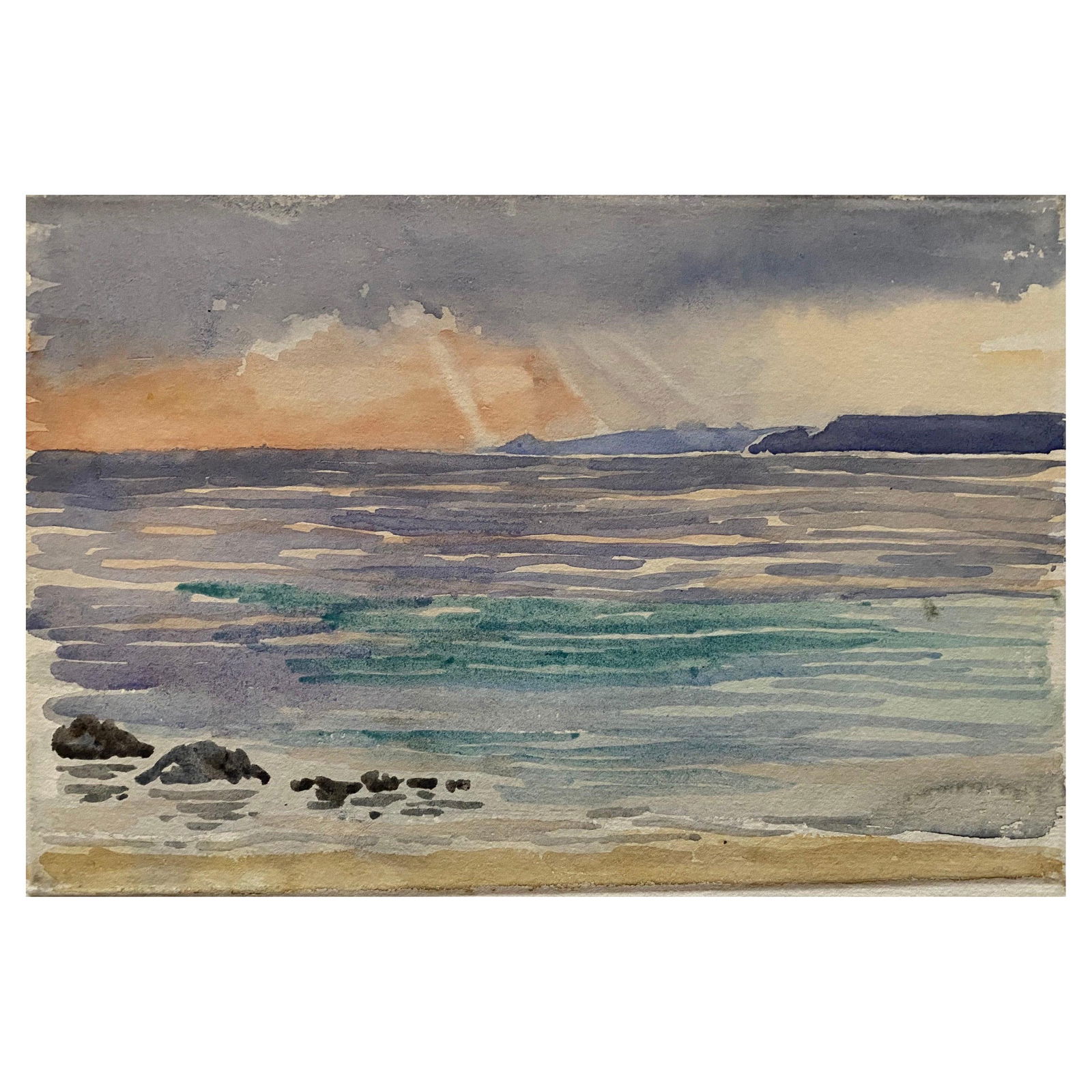 1900's English Impressionist Watercolor Painting Beautiful Sunset onto Blue Sea circa 1900s: Title: "1900's English Impressionist Watercolor Painting Beautiful Sunset onto Blue Sea circa 1900s" Description: Sunset on sea. English School, early 1900's. Original watercolor painting on artists p