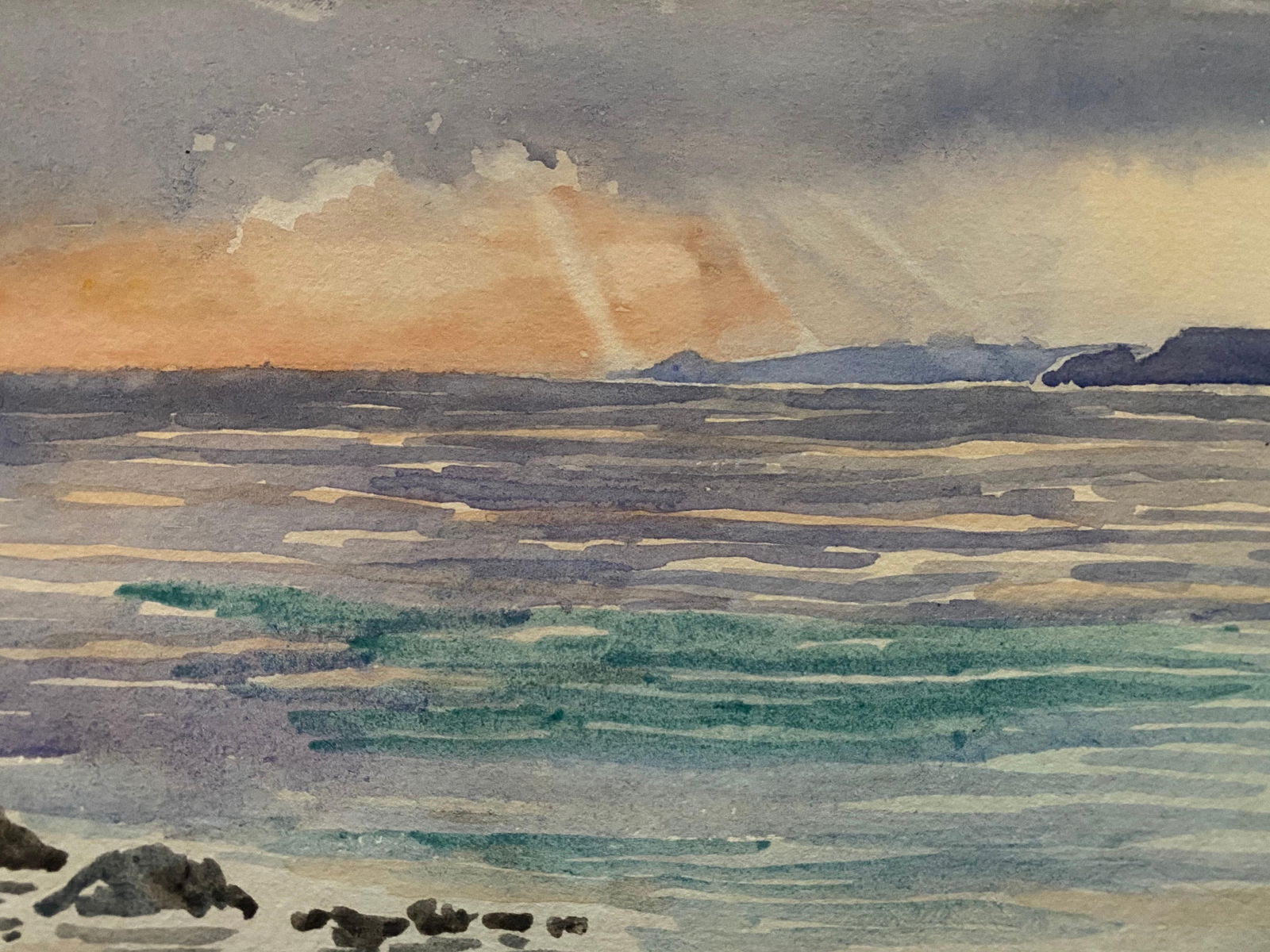 1900's English Impressionist Watercolor Painting Beautiful Sunset onto Blue Sea circa 1900s - 4