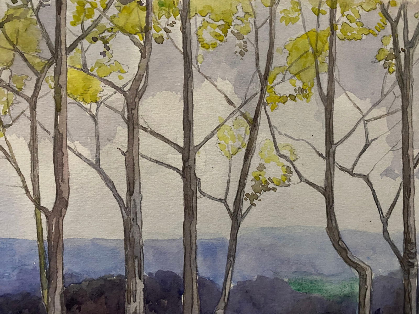 1900's English Impressionist Watercolor Painting Dancing Trees in the Wind circa 1900s - 4