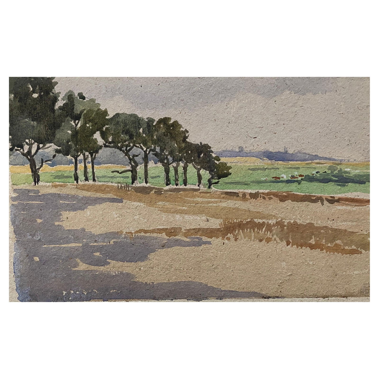 1900's English Impressionist Watercolor Painting Green View Field circa 1900s (1 of 6)