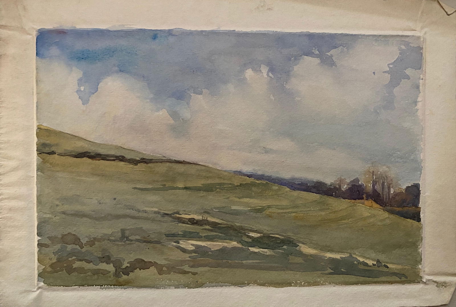 1900's English Impressionist Watercolor Painting Silent Cloudy Meadow circa 1900s - 3