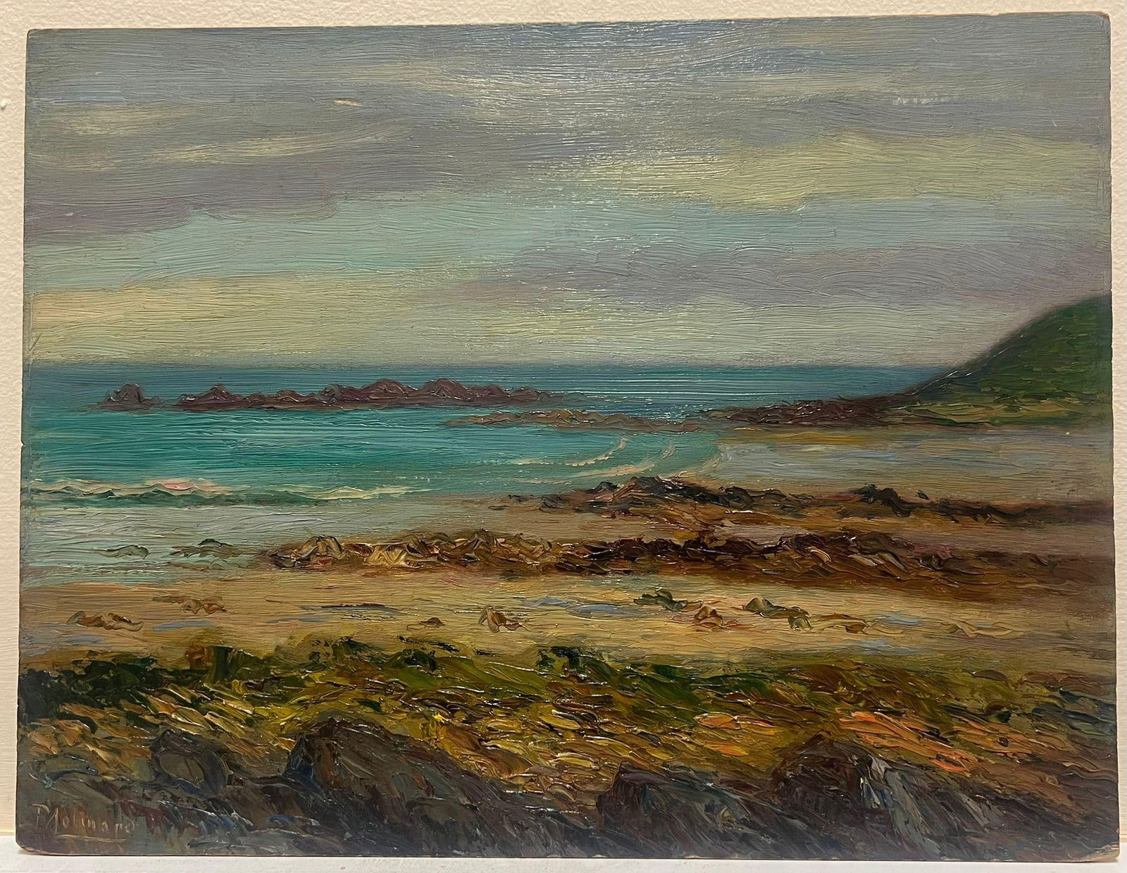 1900's French Impressionist Oil Painting Blue Coastline Rocky Shores 20th Century - 4