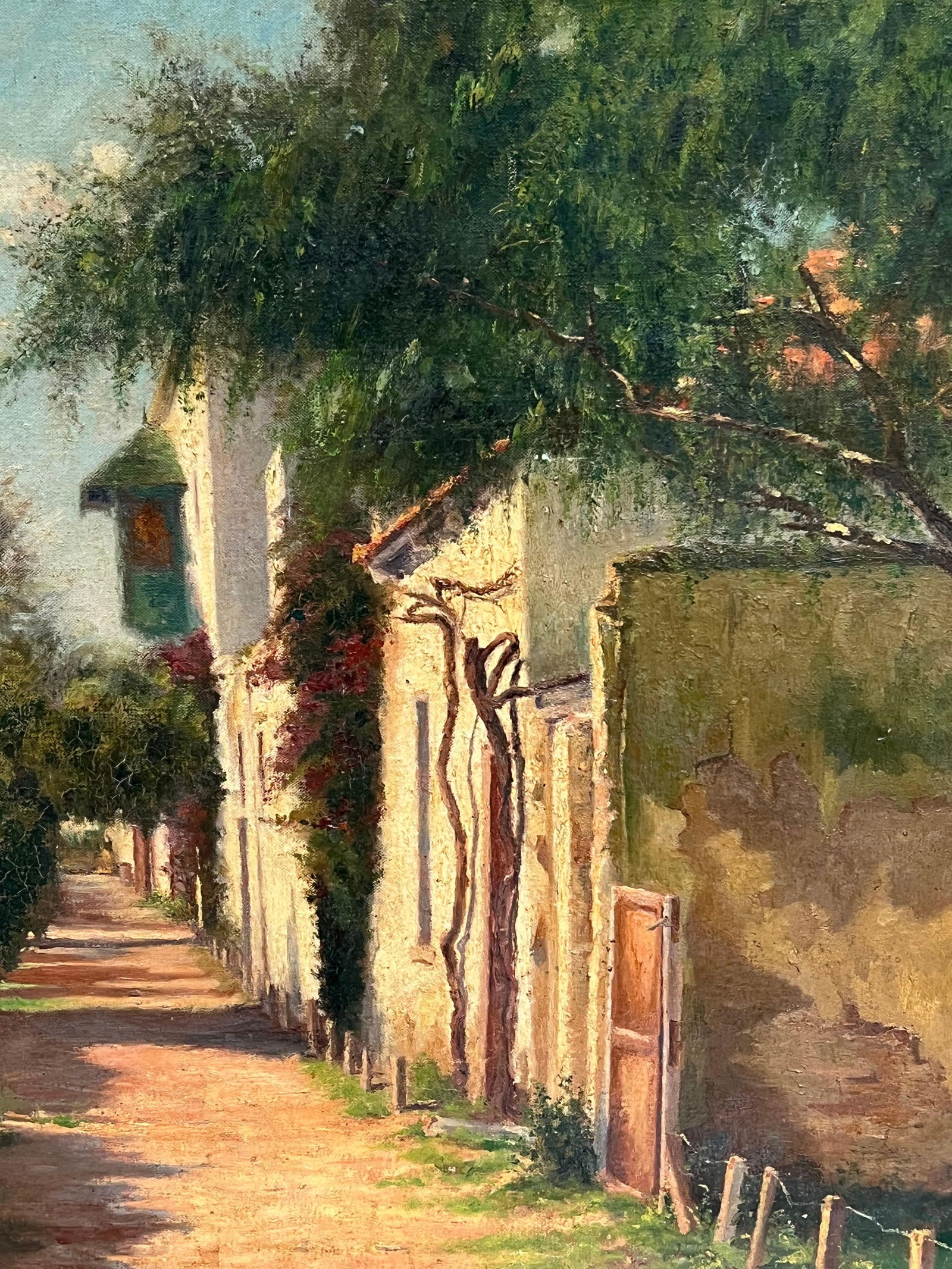 1900's French Impressionist Signed Oil Sunlit Village Houses in Lane 1906 - 6