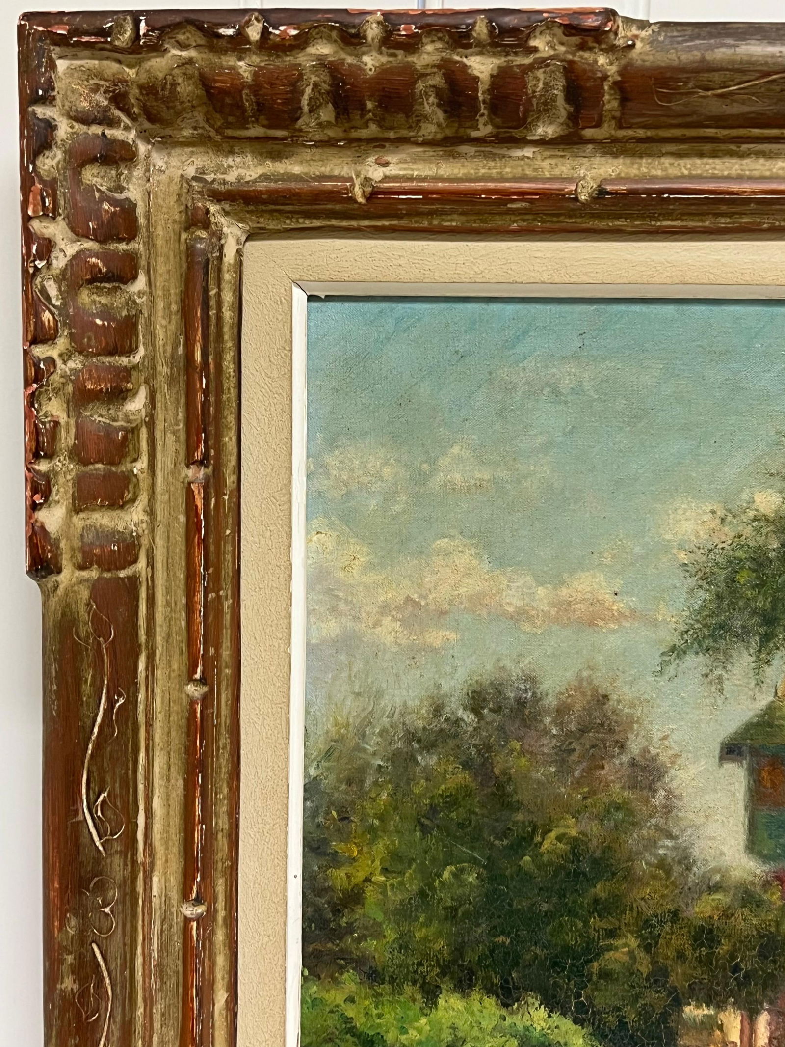 1900's French Impressionist Signed Oil Sunlit Village Houses in Lane 1906 - 11