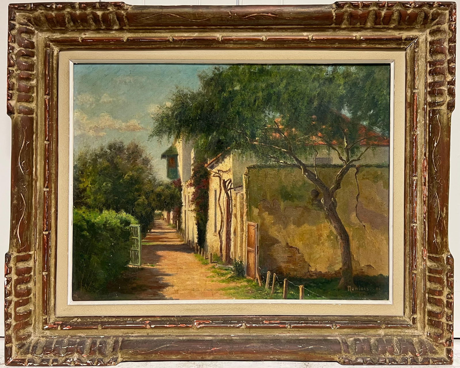 1900's French Impressionist Signed Oil Sunlit Village Houses in Lane 1906 (1 of 13)