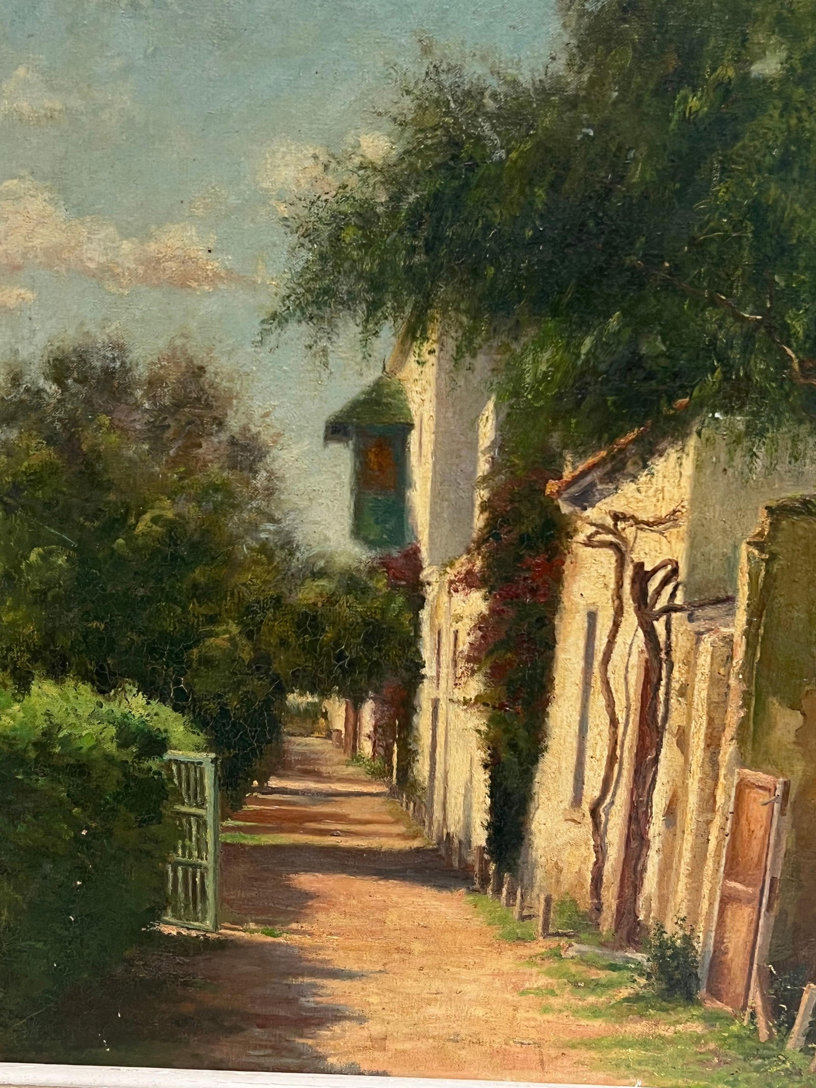 1900's French Impressionist Signed Oil Sunlit Village Houses in Lane 1906 - 2