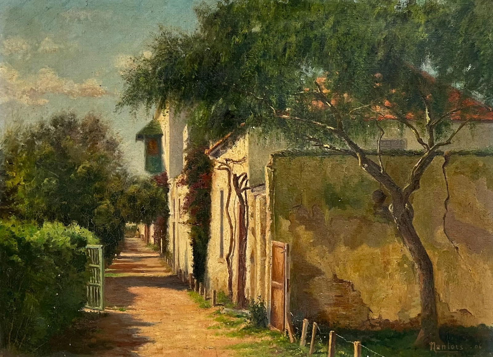 1900's French Impressionist Signed Oil Sunlit Village Houses in Lane 1906 - 4