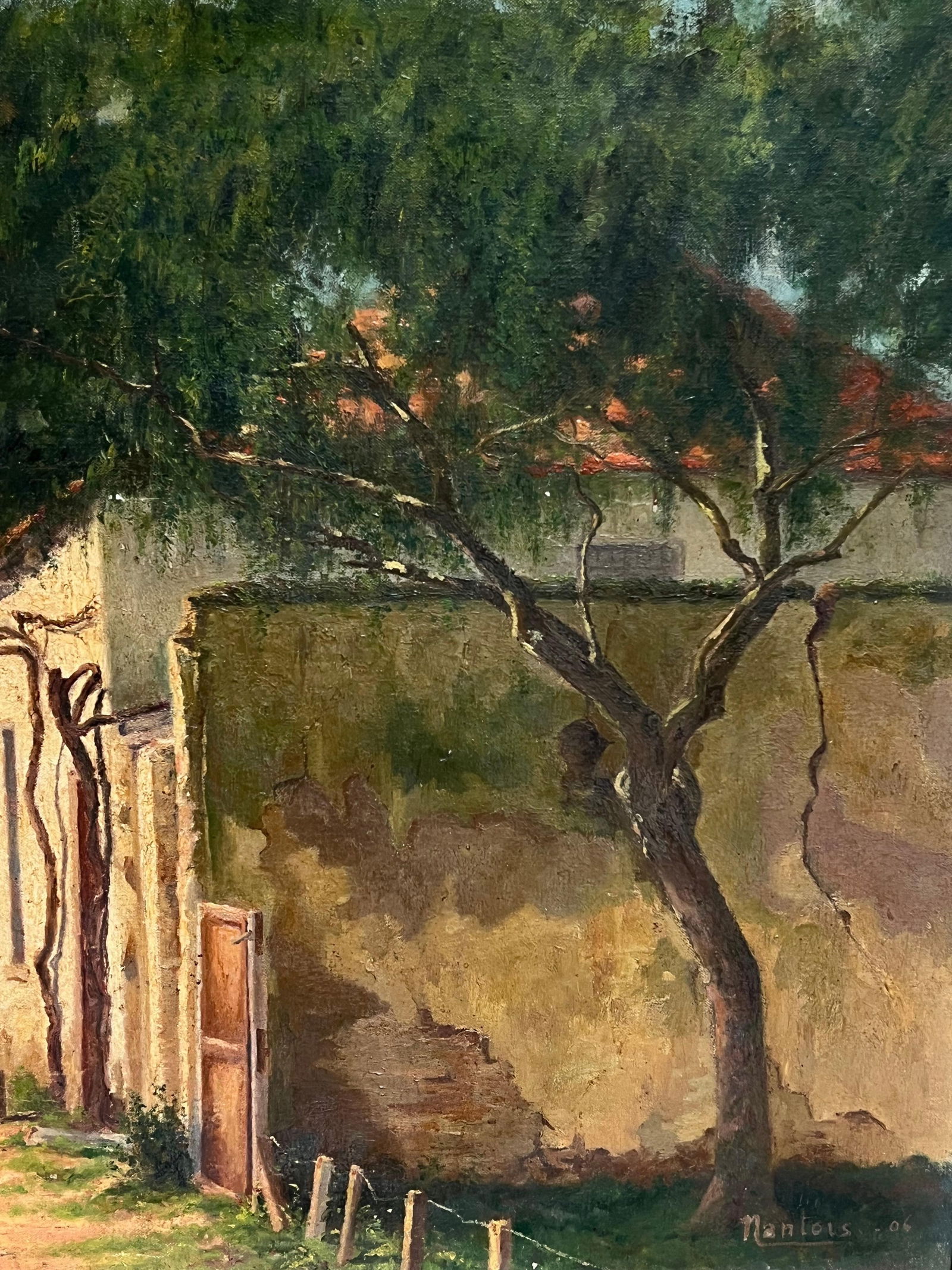 1900's French Impressionist Signed Oil Sunlit Village Houses in Lane 1906 - 5