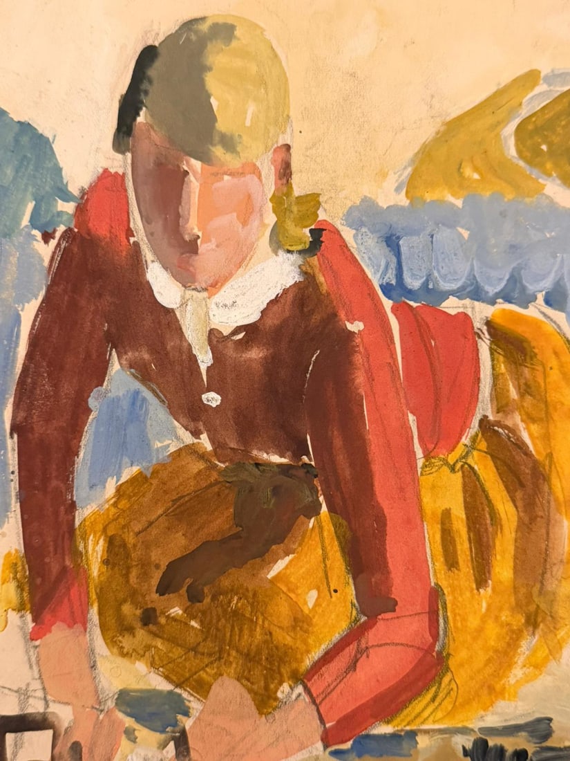 1920's British Impressionist Watercolor Painting Young Girl Gardening Vegetables 1953 - 17