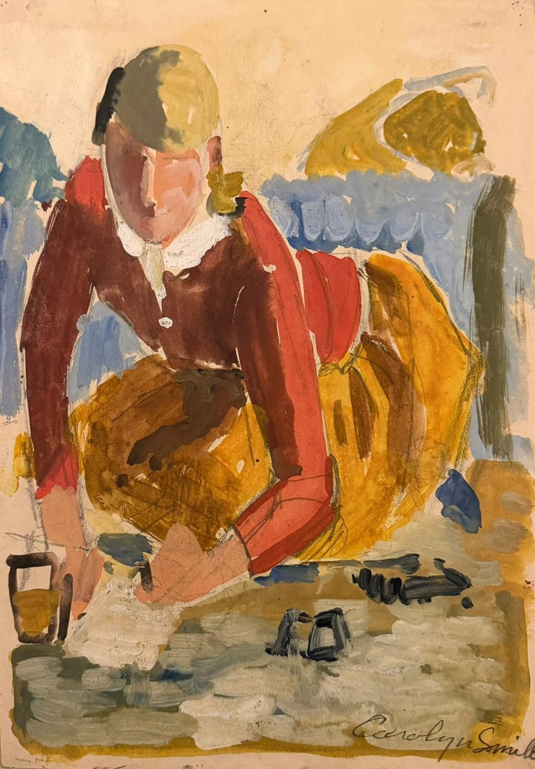 1920's British Impressionist Watercolor Painting Young Girl Gardening Vegetables 1953: Title: "1920's British Impressionist Watercolor Painting Young Girl Gardening Vegetables 1953" Description: The Young Gardener by Carolyn Smith, British early 20th century signed watercolour painting