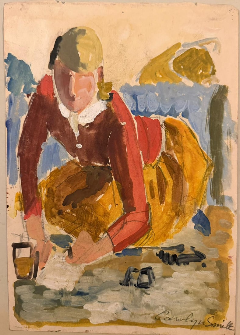 1920's British Impressionist Watercolor Painting Young Girl Gardening Vegetables 1953 - 2