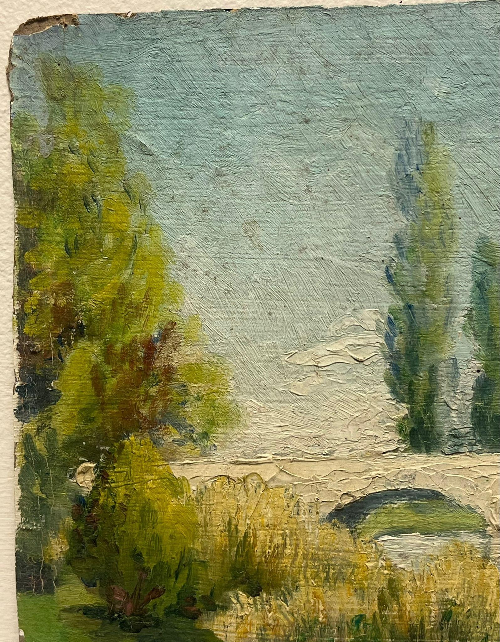 1920's French Impressionist Oil Lush Green River Bridge Oil Landscape Painting 1920's - 12
