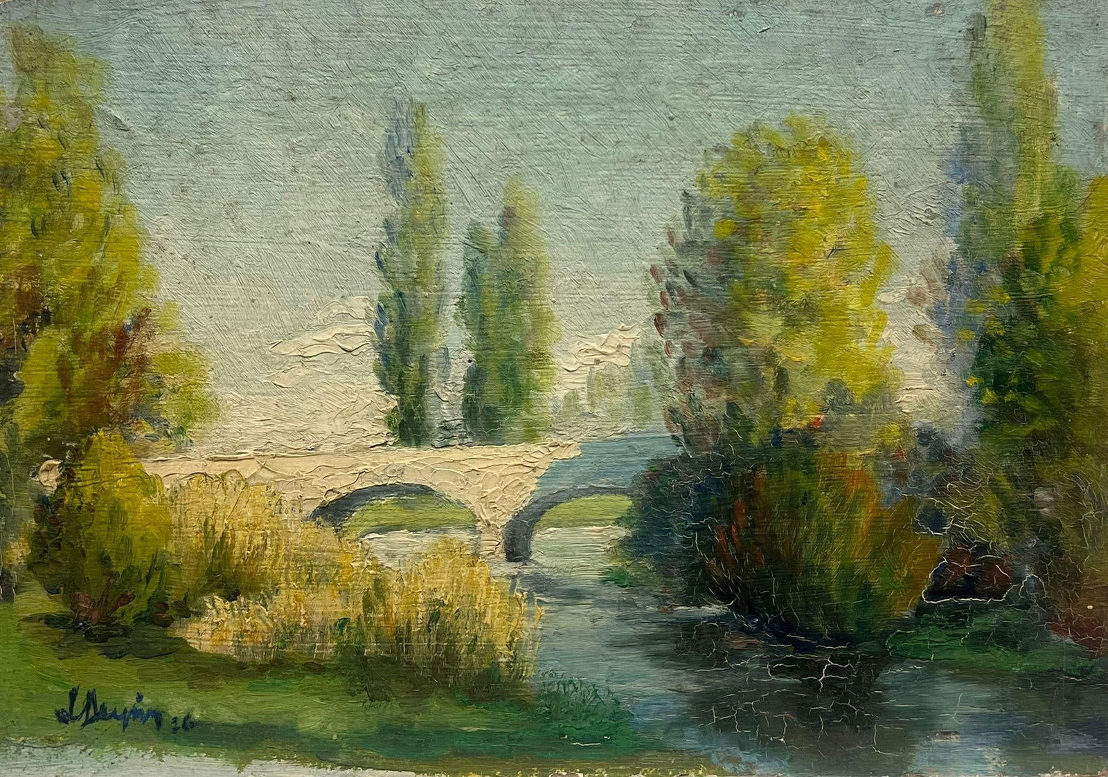 1920's French Impressionist Oil Lush Green River Bridge Oil Landscape Painting 1920's - 15