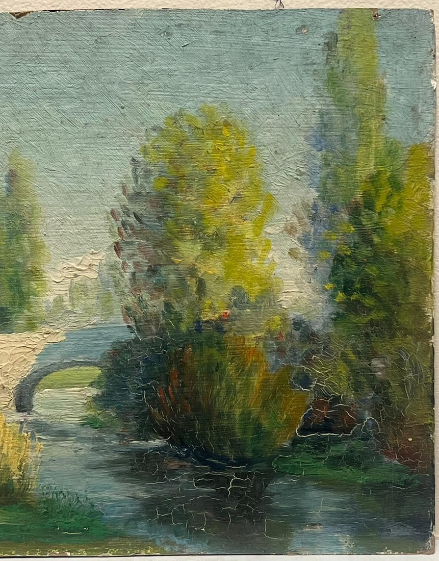 1920's French Impressionist Oil Lush Green River Bridge Oil Landscape Painting 1920's - 17