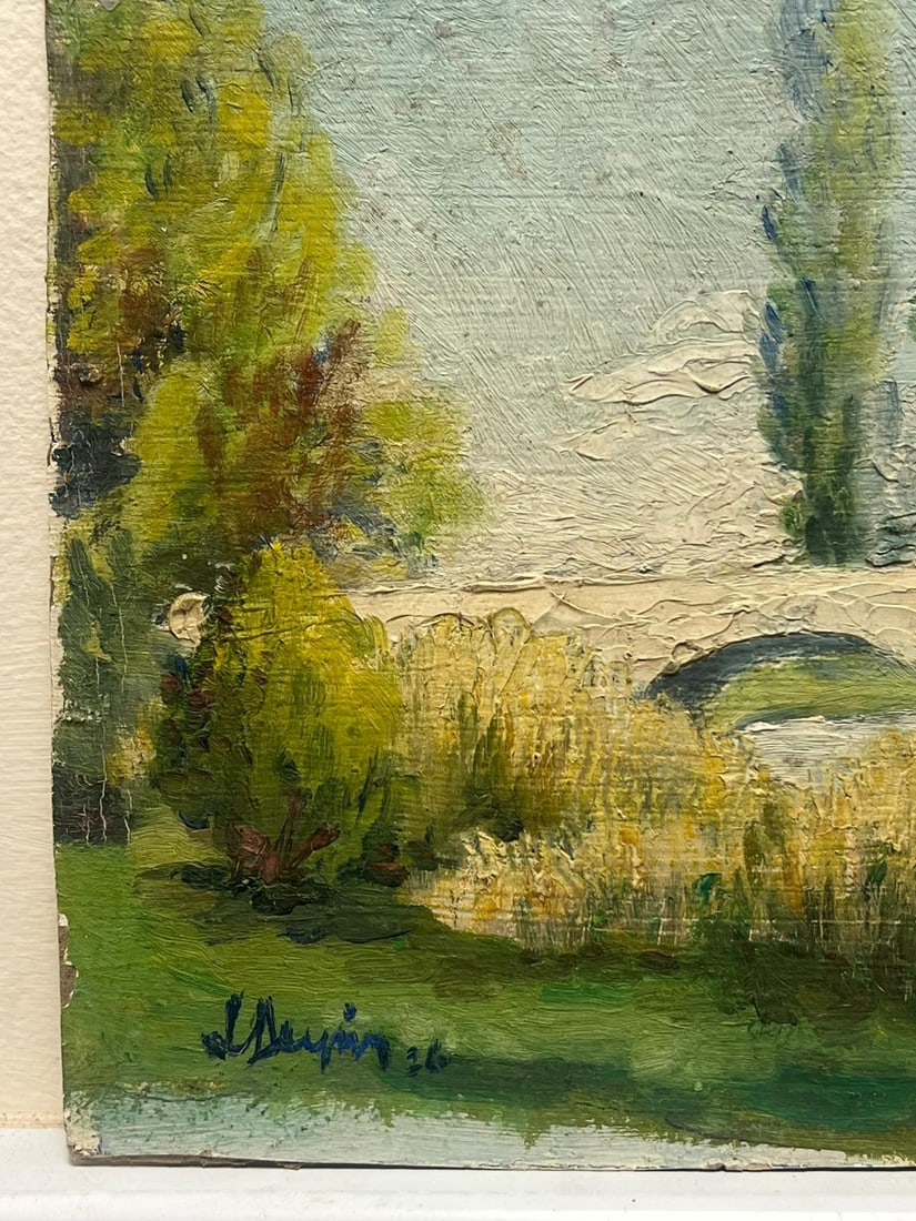 1920's French Impressionist Oil Lush Green River Bridge Oil Landscape Painting 1920's - 19