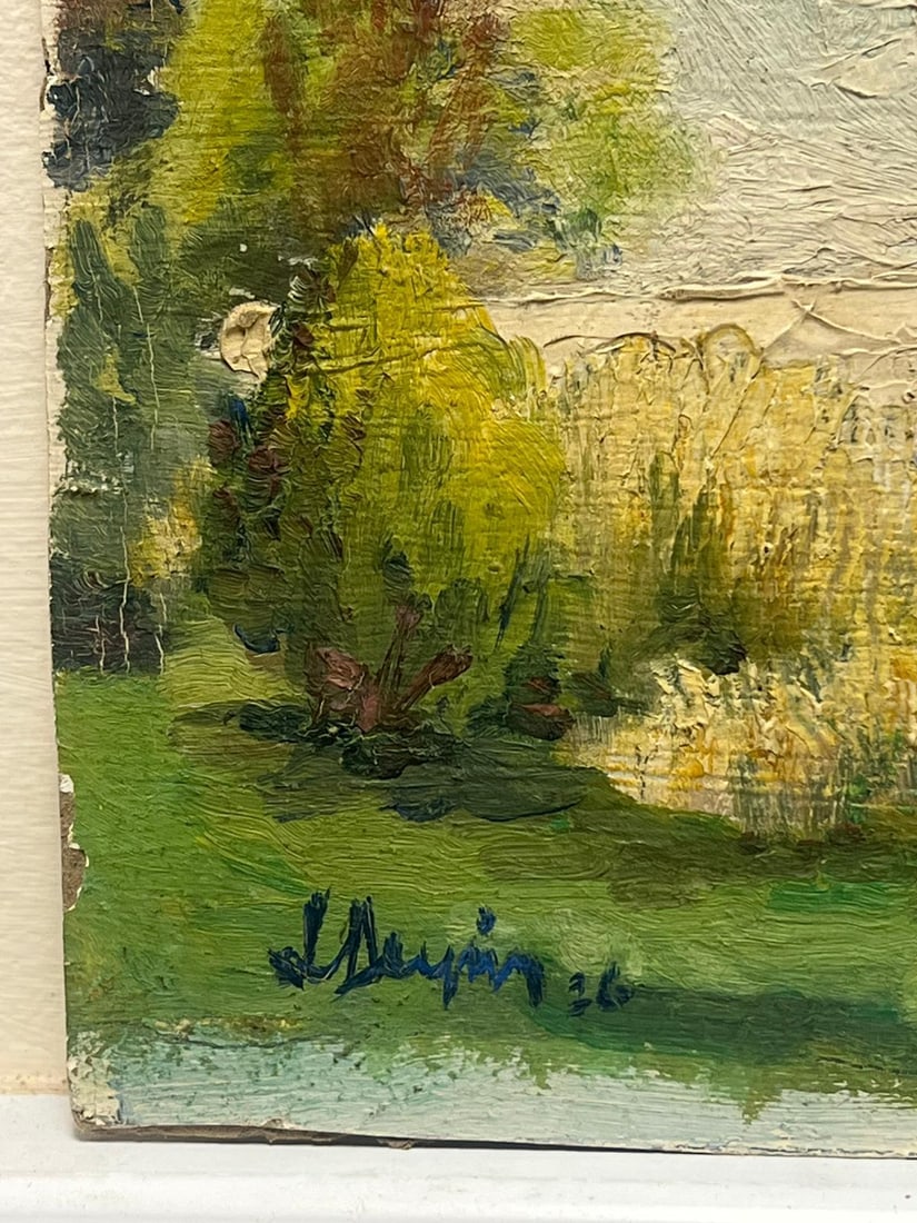 1920's French Impressionist Oil Lush Green River Bridge Oil Landscape Painting 1920's - 2