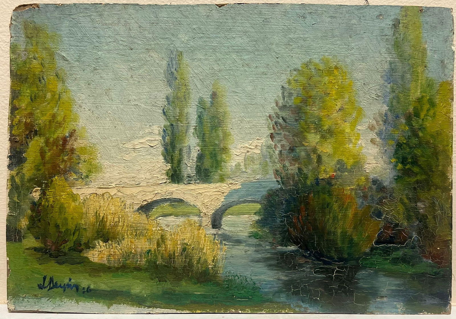 1920's French Impressionist Oil Lush Green River Bridge Oil Landscape Painting 1920's - 8