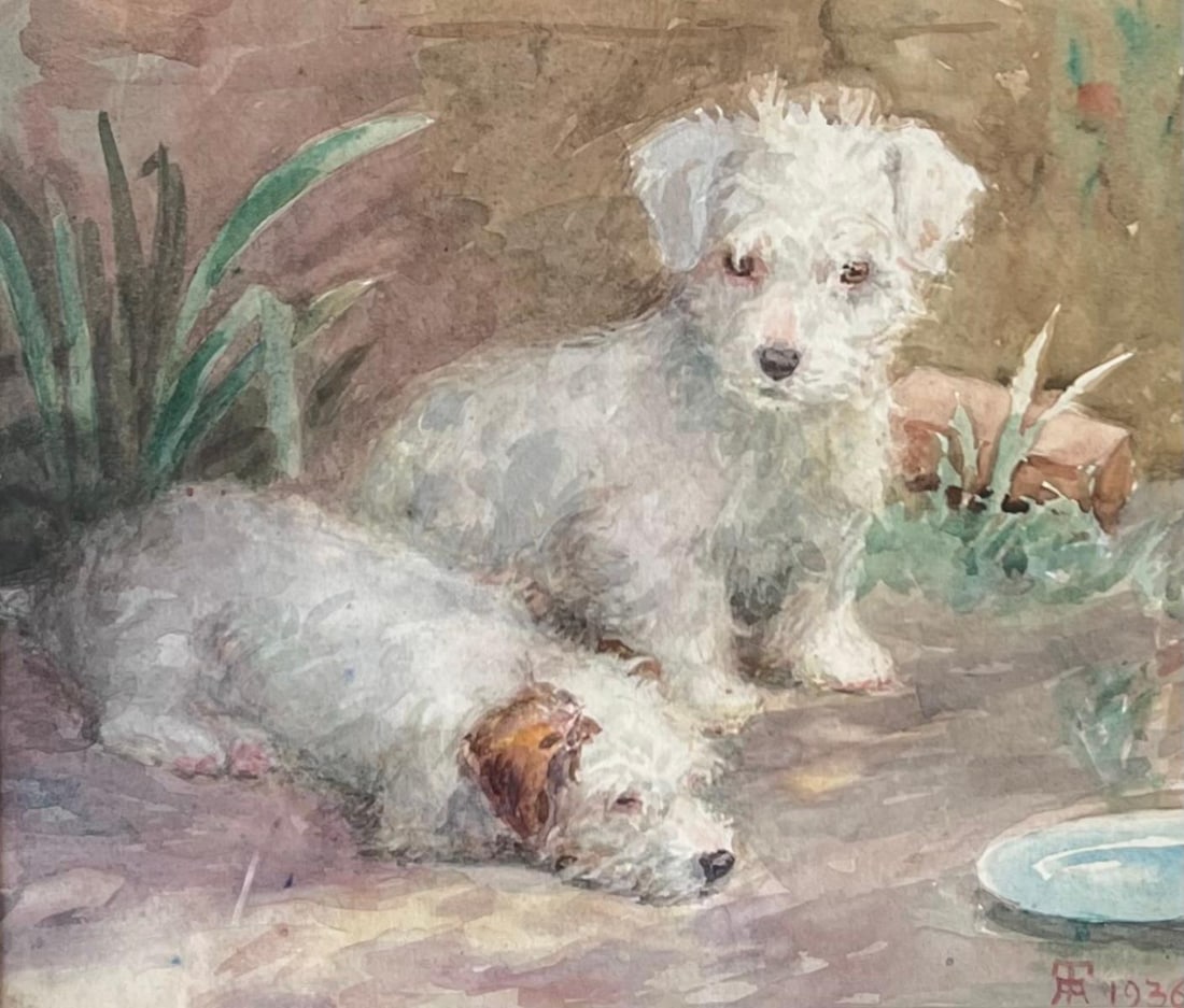 1930's English Dog Painting Wire Fox Terrier Puppies Waiting to be Fed Signed 1936 - 9