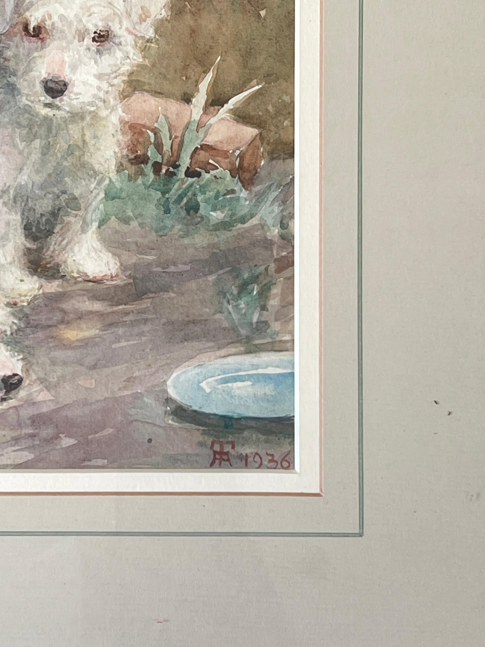 1930's English Dog Painting Wire Fox Terrier Puppies Waiting to be Fed Signed 1936 - 11