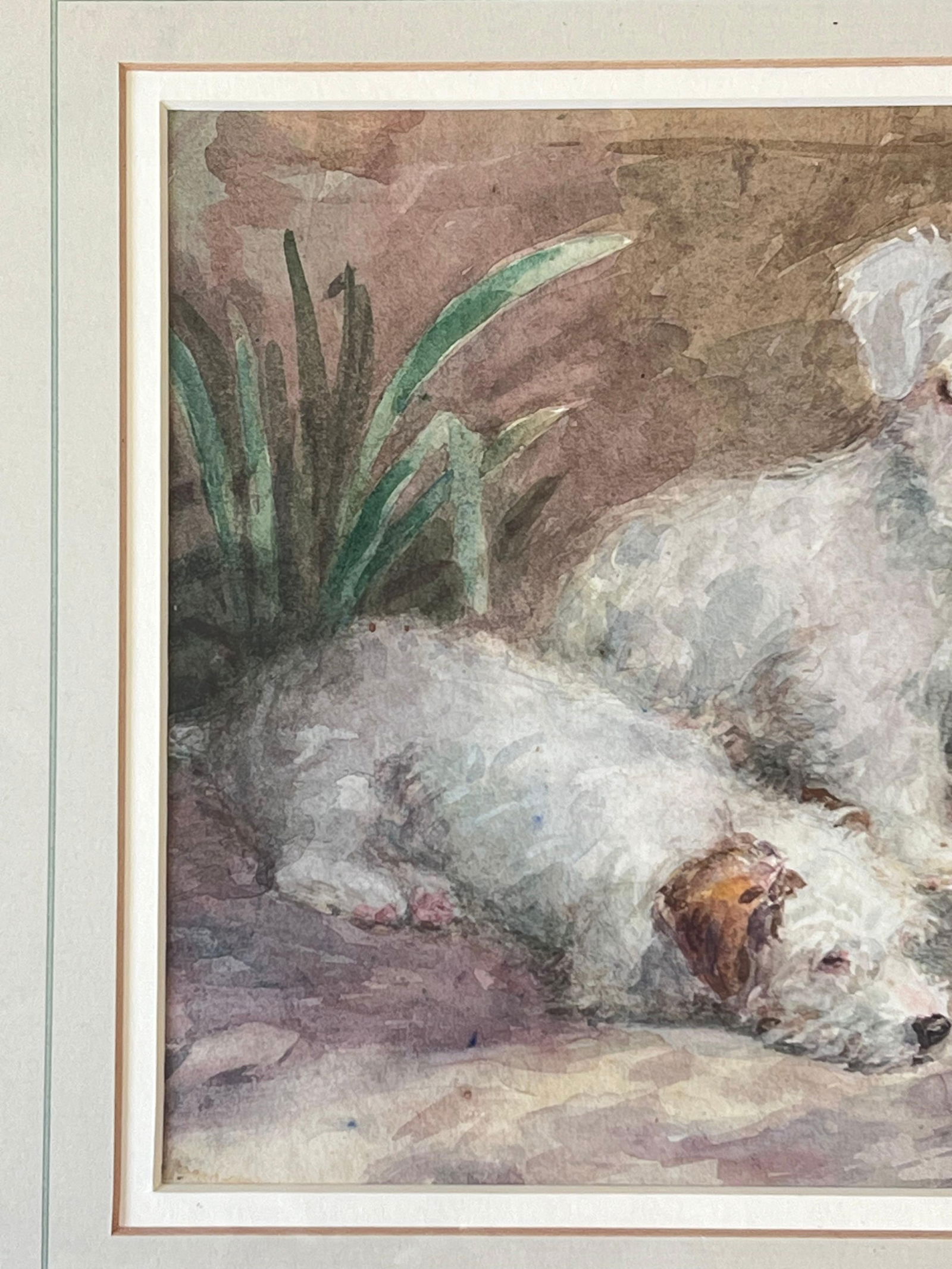 1930's English Dog Painting Wire Fox Terrier Puppies Waiting to be Fed Signed 1936 - 2