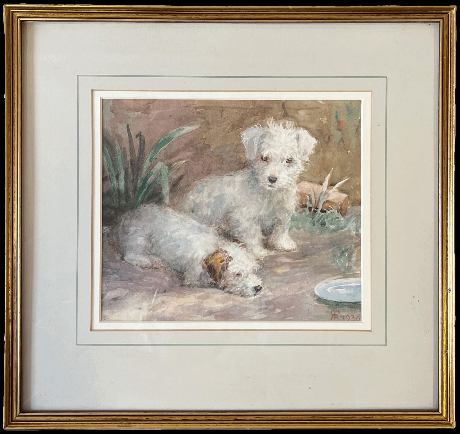 1930's English Dog Painting Wire Fox Terrier Puppies Waiting to be Fed Signed 1936 - 4