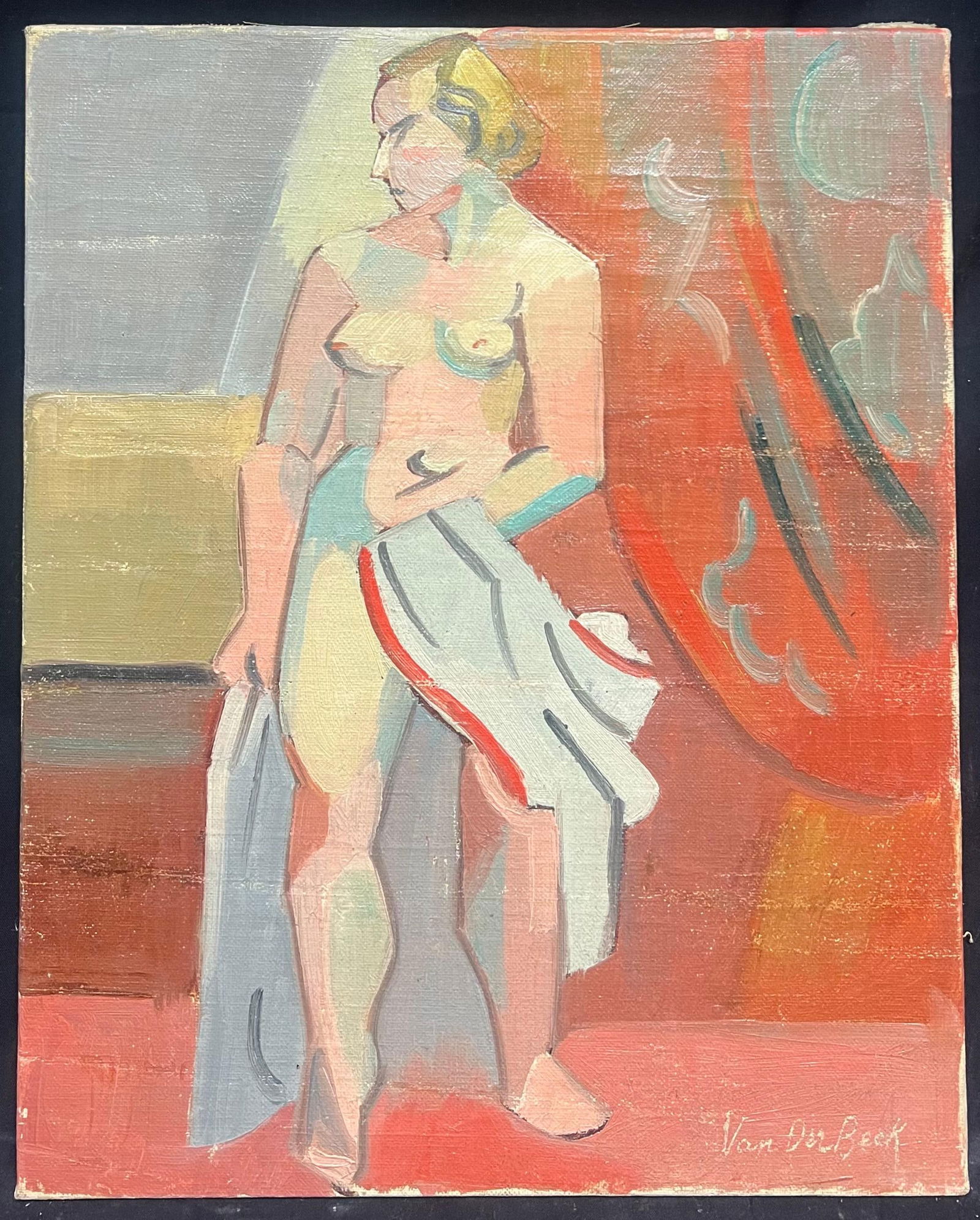 1930's French Cubist Figure Signed Oil Lady Vibrant Geometric Composition 1930's - 4