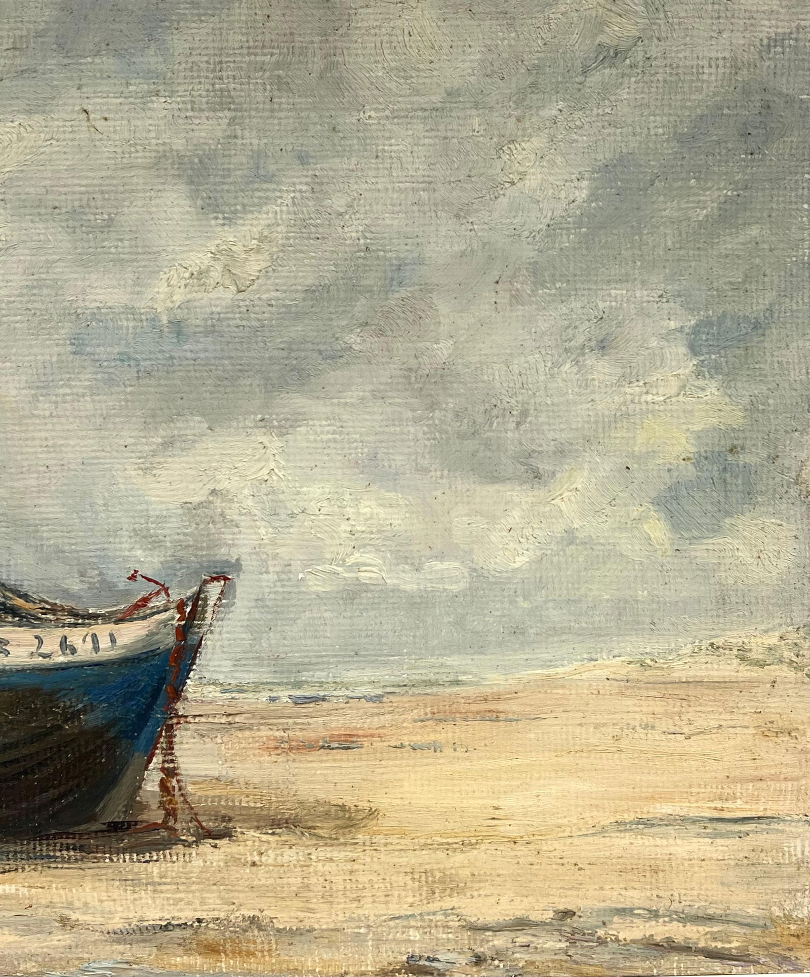1930's French Impressionist Beached Blue Fishing Boat Under Cloudy Skies 19th Century - 6