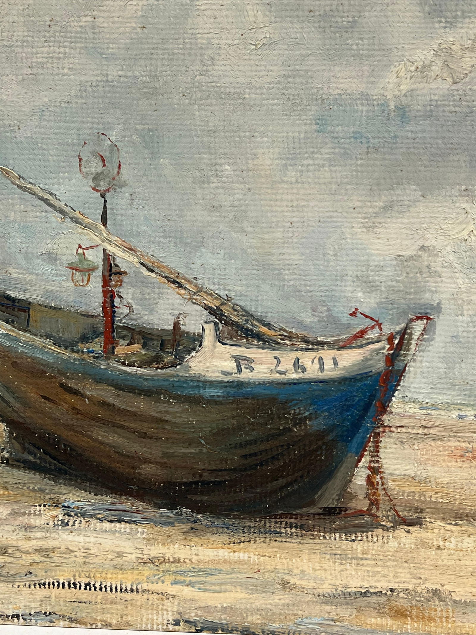 1930's French Impressionist Beached Blue Fishing Boat Under Cloudy Skies 19th Century - 7