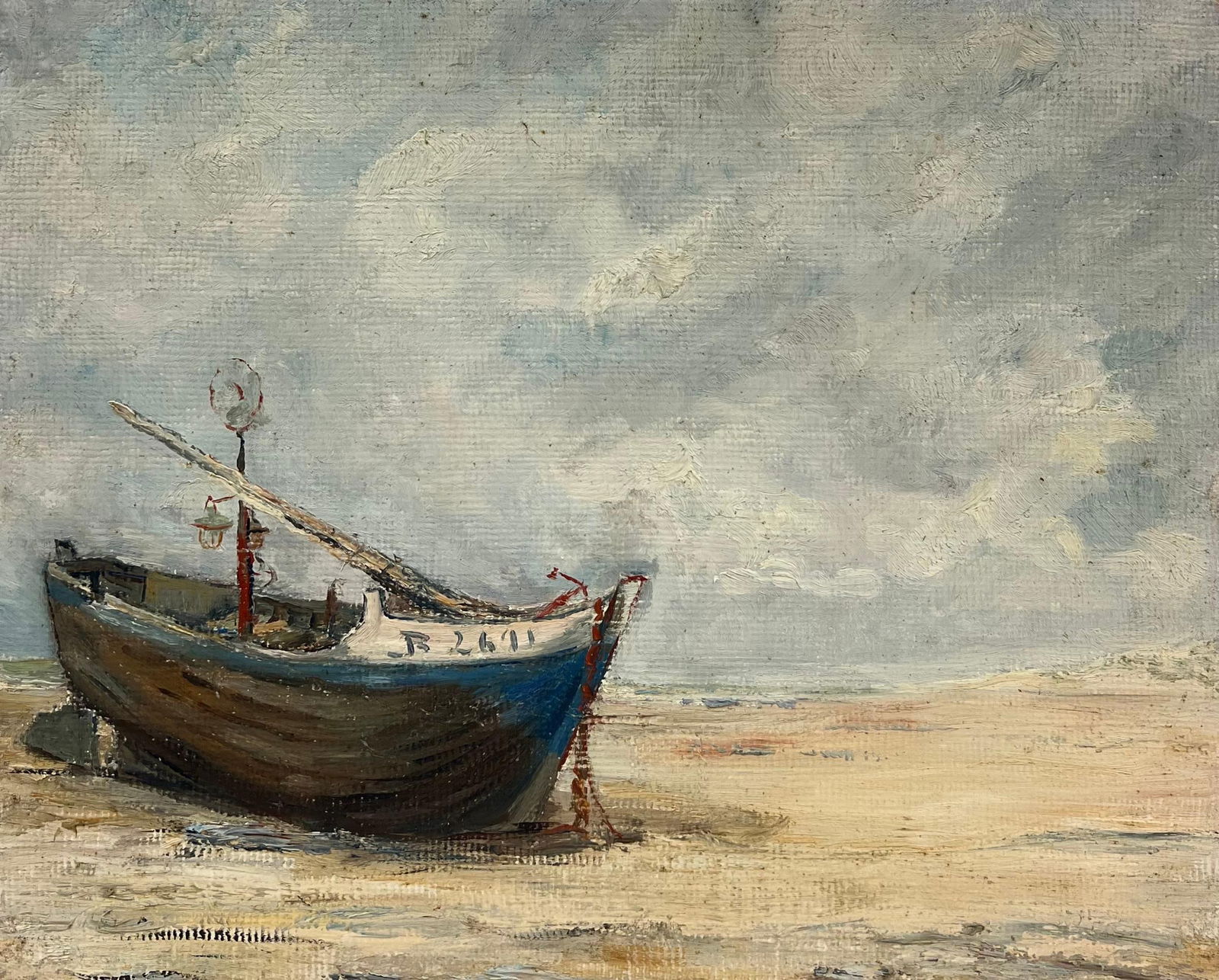 1930's French Impressionist Beached Blue Fishing Boat Under Cloudy Skies 19th Century - 9