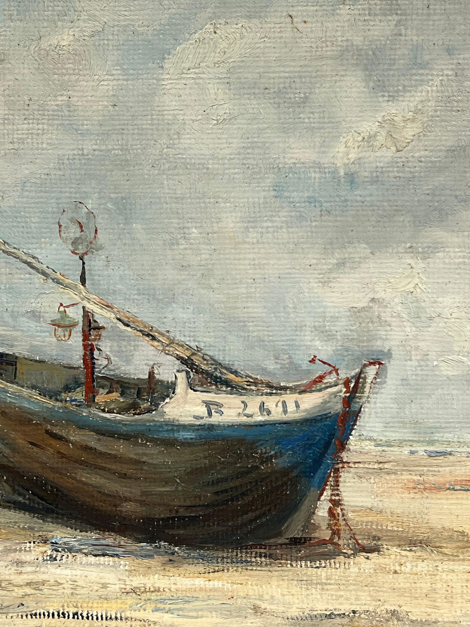 1930's French Impressionist Beached Blue Fishing Boat Under Cloudy Skies 19th Century - 11