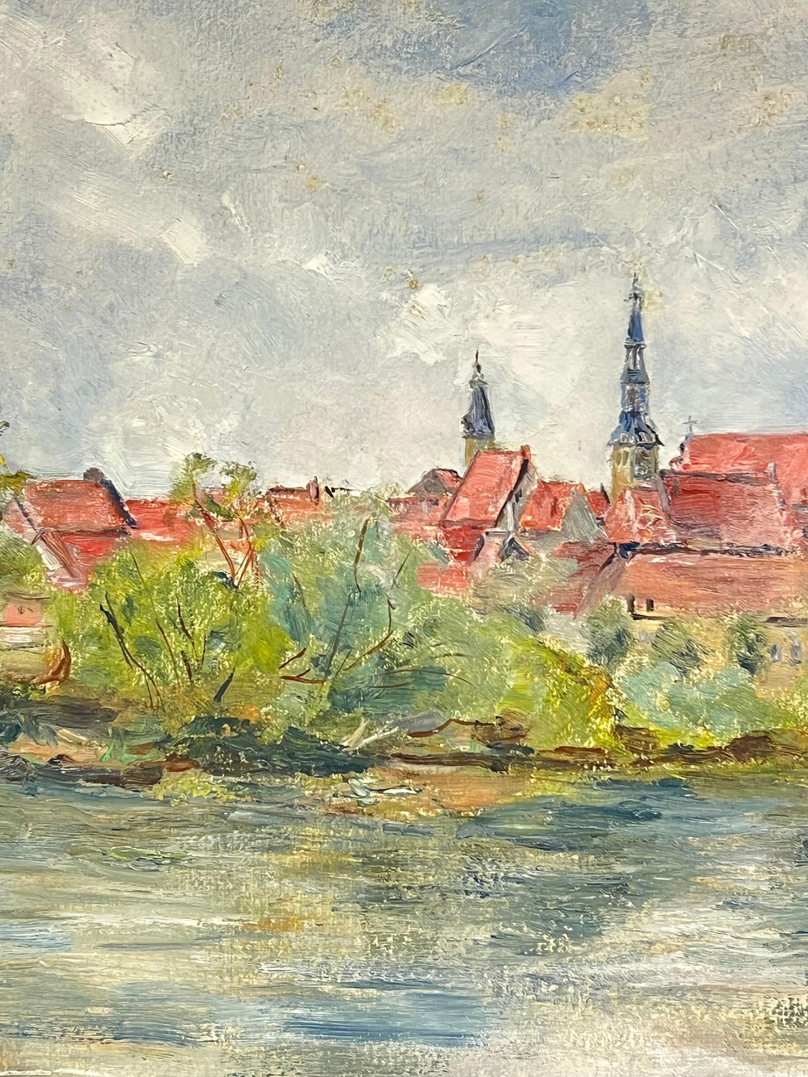1930's French Impressionist Berck - Plage Town with Church Spires by the River 19th Century - 7