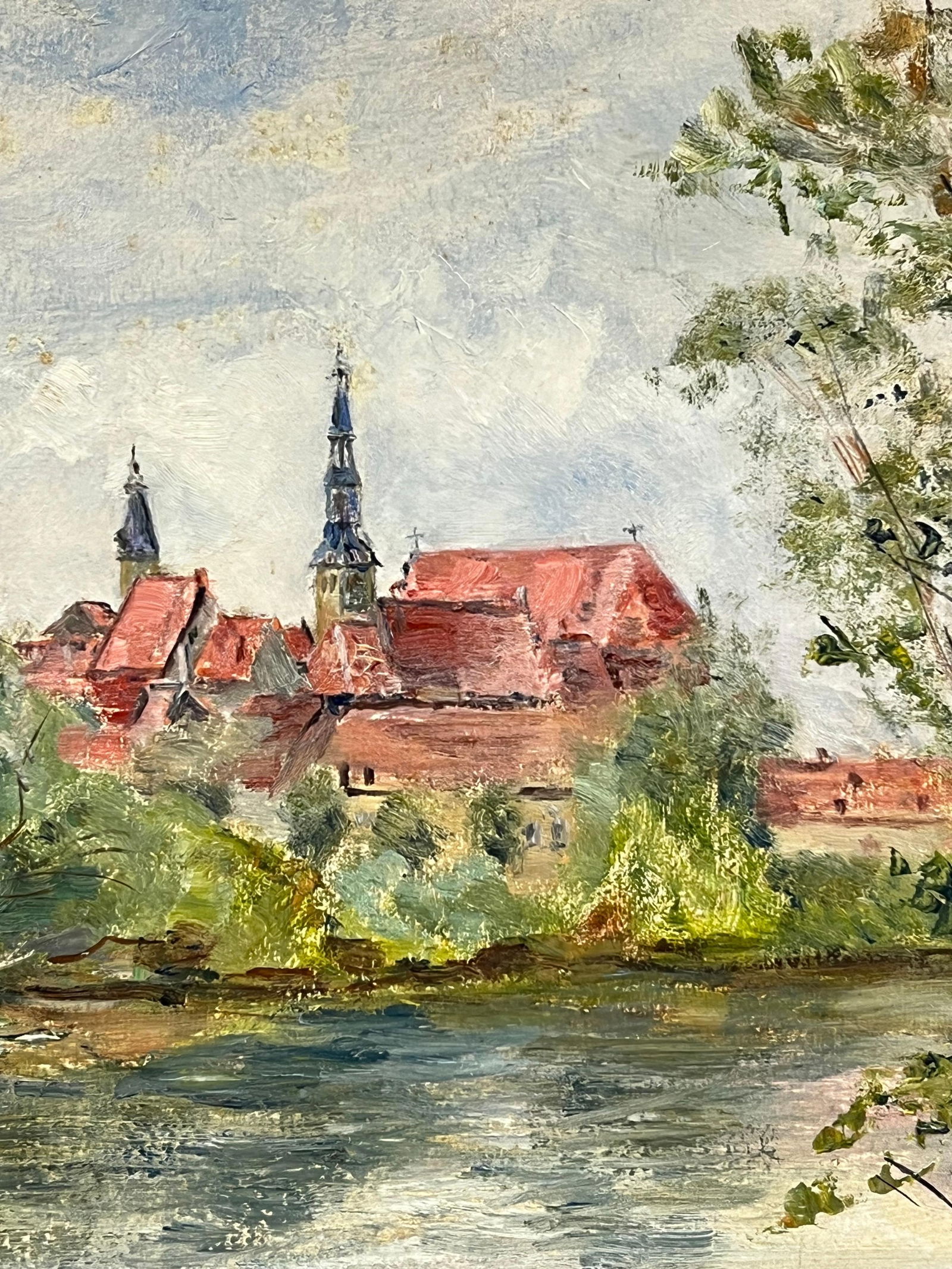 1930's French Impressionist Berck - Plage Town with Church Spires by the River 19th Century: Title: "1930's French Impressionist Berck - Plage Town with Church Spires by the River 19th Century" Description: Berck - Plage Simone Forge 1930's French Impressionist oil on board unframed board: 16